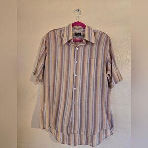 Towncraft Men's Short-Sleeve Button-Up Shirt in Tan, White & Blue Stripes